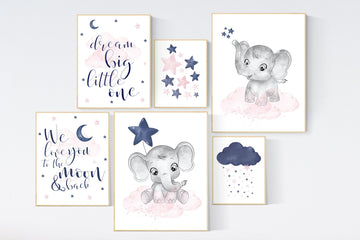 Nursery wall art girl, twin nursery, pink and navy, elephant nursery, dream big little one, girl nursery decor, nursery print set, elephant