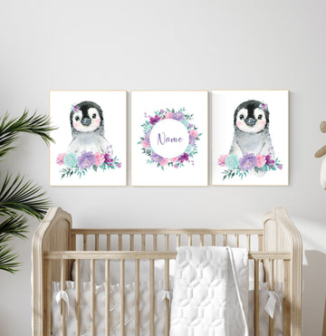 Penguin nursery, girl nursery decor, pink purple teal, girl nursery, baby room wall art, nursery wall art penguin, nursery decor girl