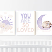 Girl nursery decor, blush pink purple, Nursery wall art girl, sunshine nursery, fawn nursery, you are so loved, pink and lavender