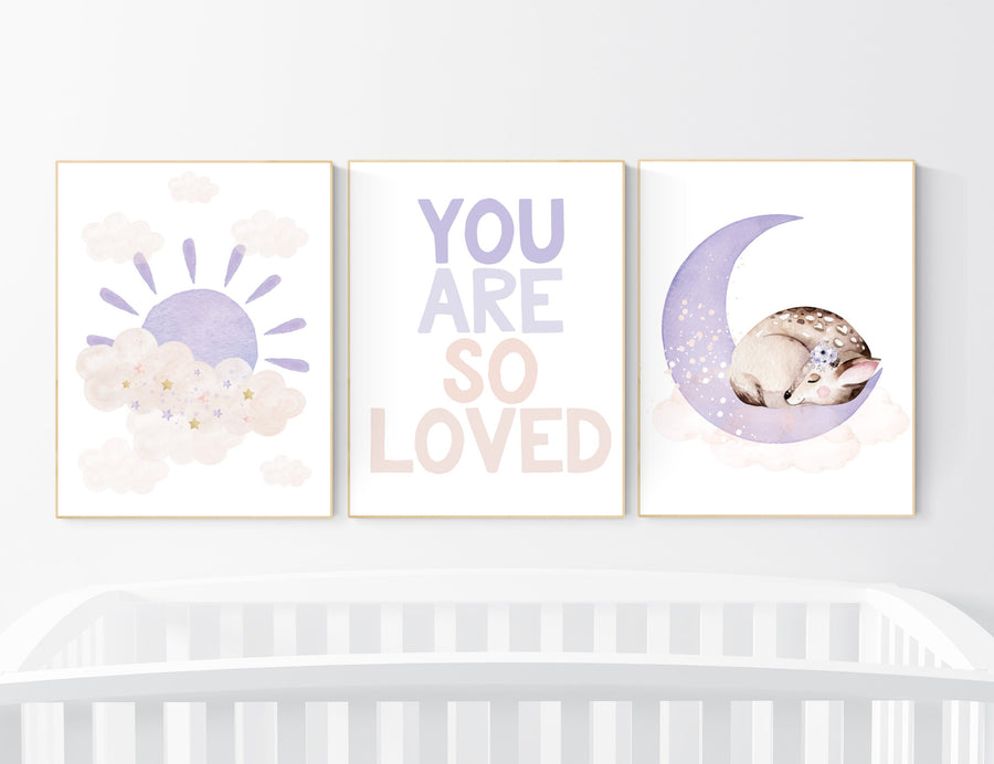 Girl nursery decor, blush pink purple, Nursery wall art girl, sunshine nursery, fawn nursery, you are so loved, pink and lavender