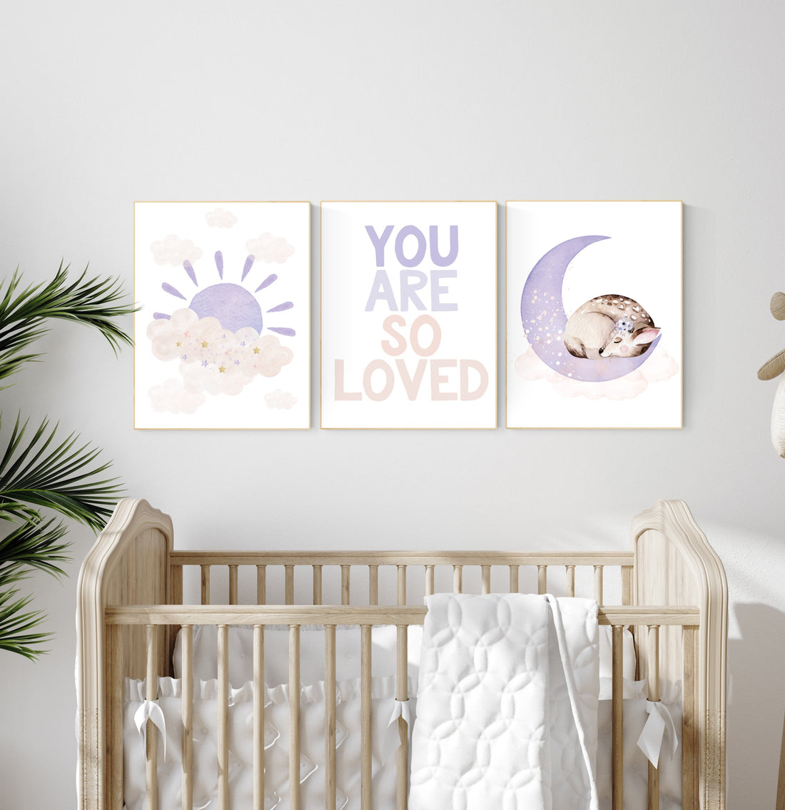 Girl nursery decor, blush pink purple, Nursery wall art girl, sunshine nursery, fawn nursery, you are so loved, pink and lavender