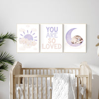 Girl nursery decor, blush pink purple, Nursery wall art girl, sunshine nursery, fawn nursery, you are so loved, pink and lavender