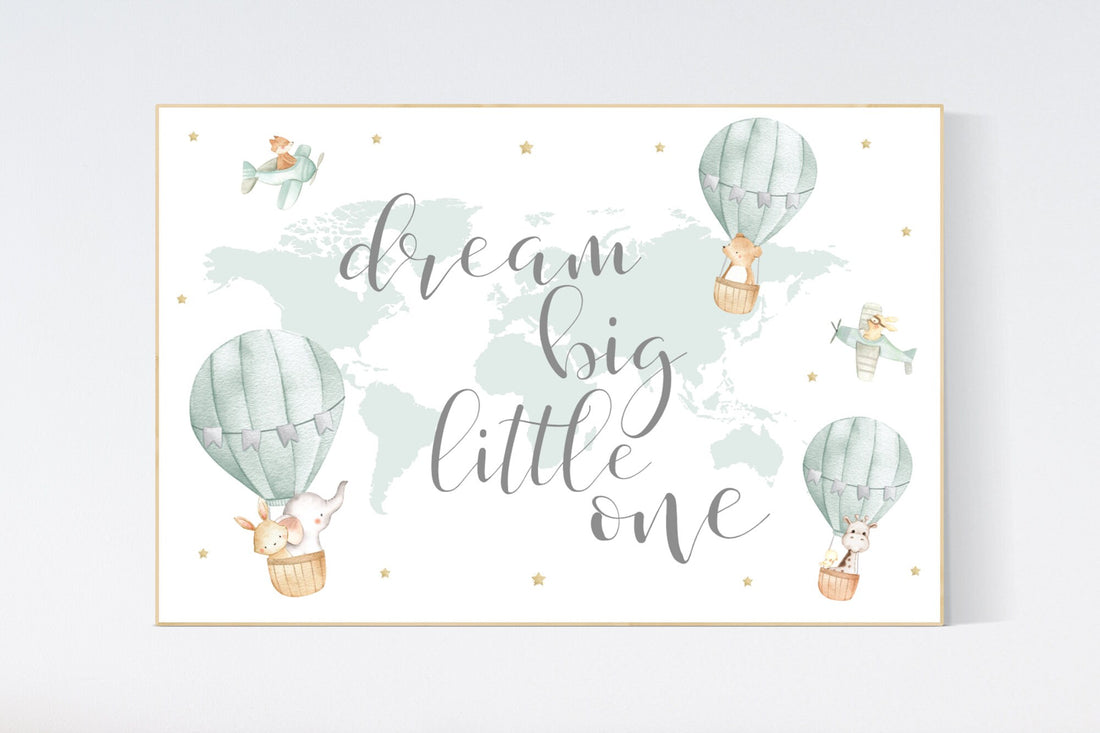 Nursery decor neutral, green, sage green wall art, gender neutral nursery decor, baby room decor, nursery prints neutral, hot air balloon