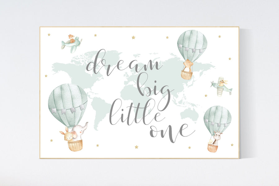Nursery decor neutral, green, sage green wall art, gender neutral nursery decor, baby room decor, nursery prints neutral, hot air balloon