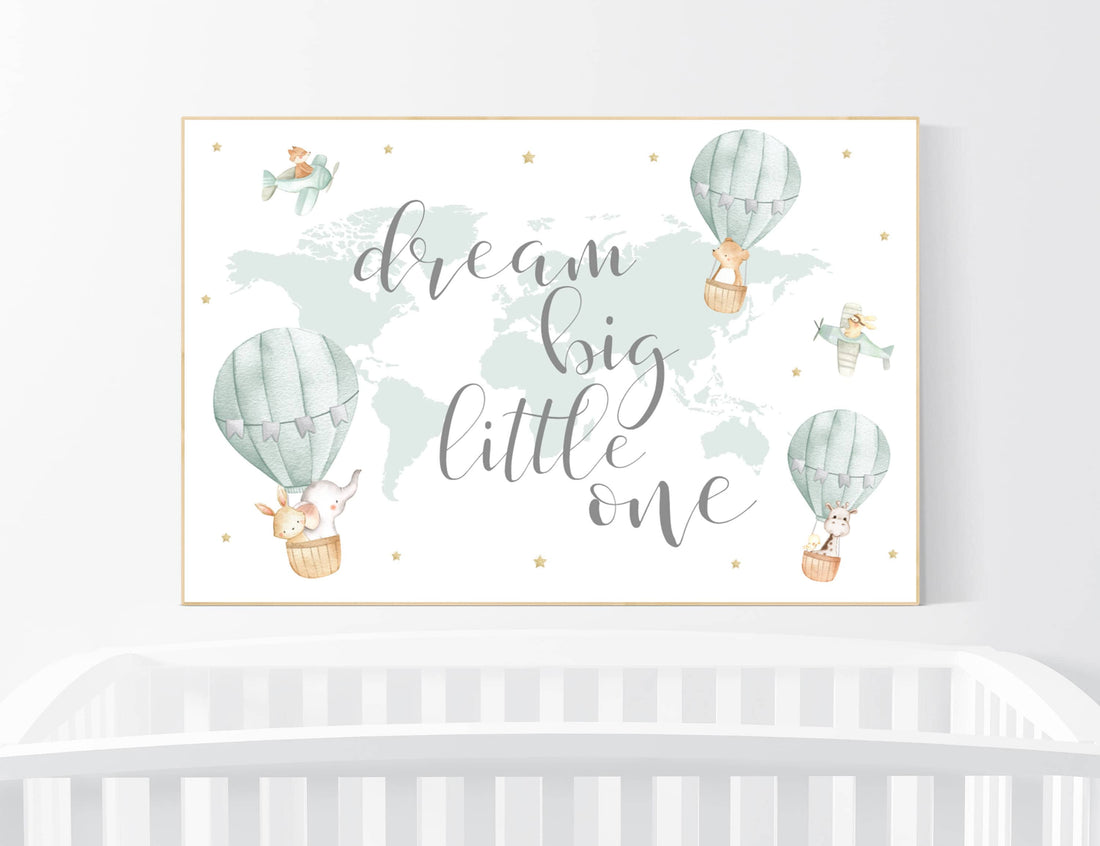 Nursery decor neutral, green, sage green wall art, gender neutral nursery decor, baby room decor, nursery prints neutral, hot air balloon