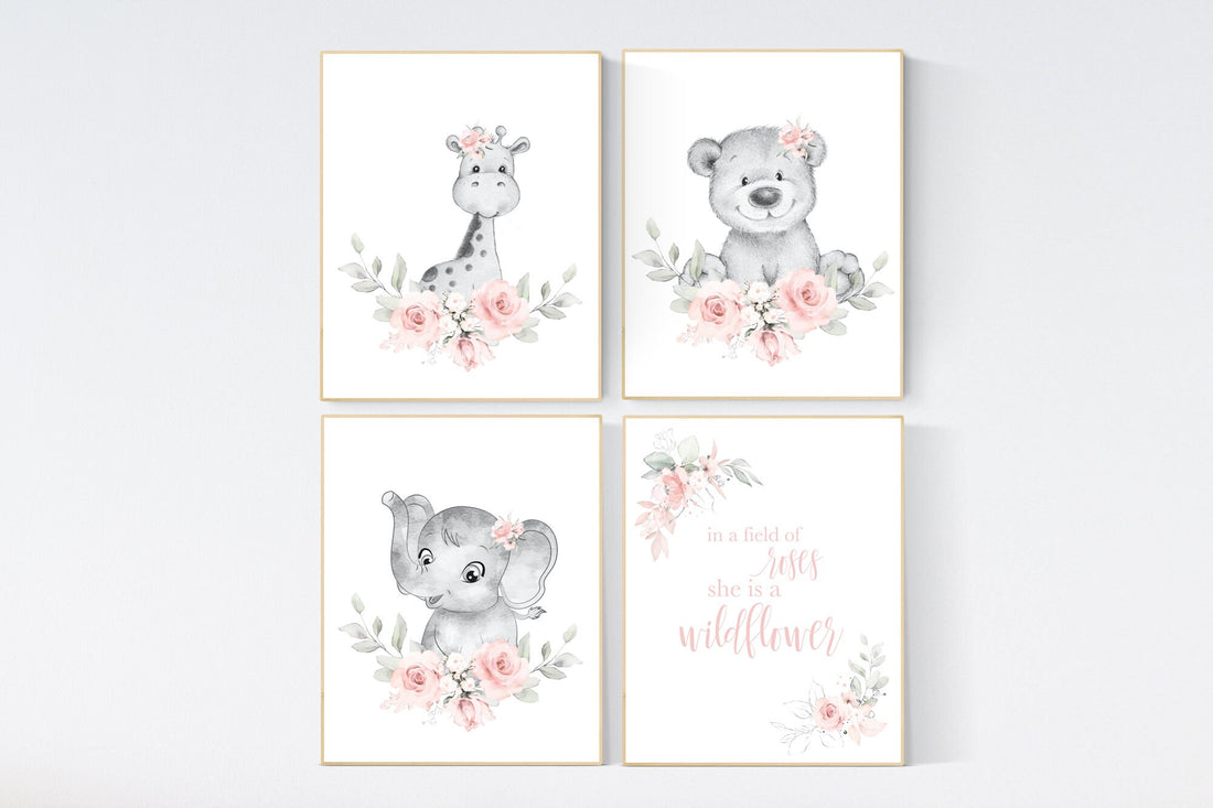 Boho nursery wall art, girl nursery decor, jungle animals, floral nursery, animal nursery prints, flower nursery, girl room decor