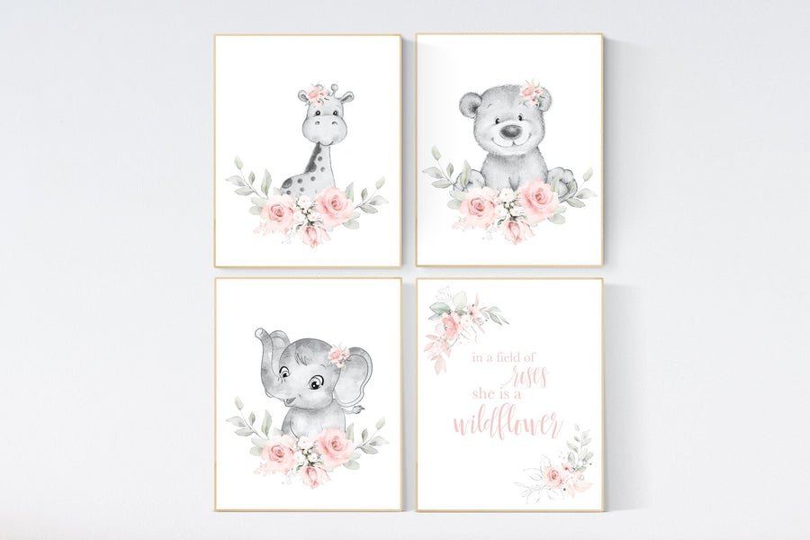 Boho nursery wall art, girl nursery decor, jungle animals, floral nursery, animal nursery prints, flower nursery, girl room decor