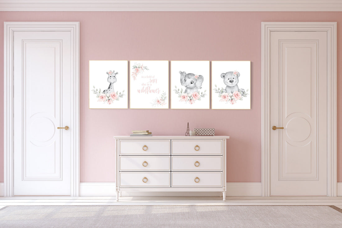 Boho nursery wall art, girl nursery decor, jungle animals, floral nursery, animal nursery prints, flower nursery, girl room decor