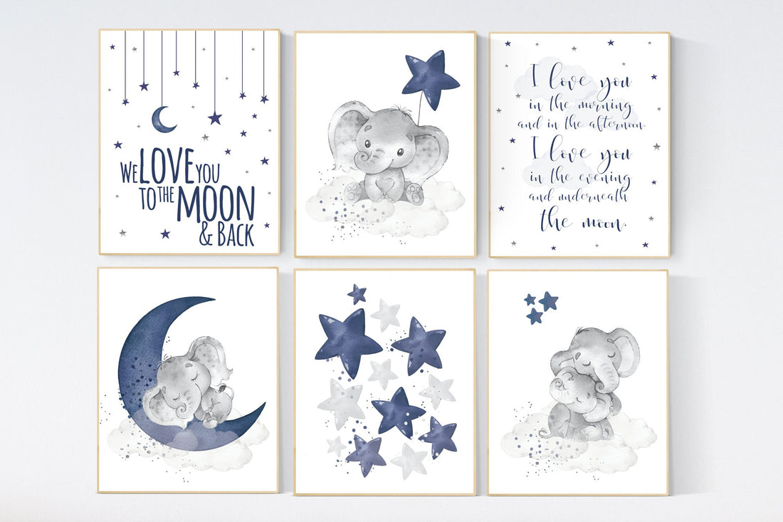 Nursery decor boy elephant, nursery wall art boy, moon and stars, navy blue, elephant nursery art, boys room decor, boy nursery ideas