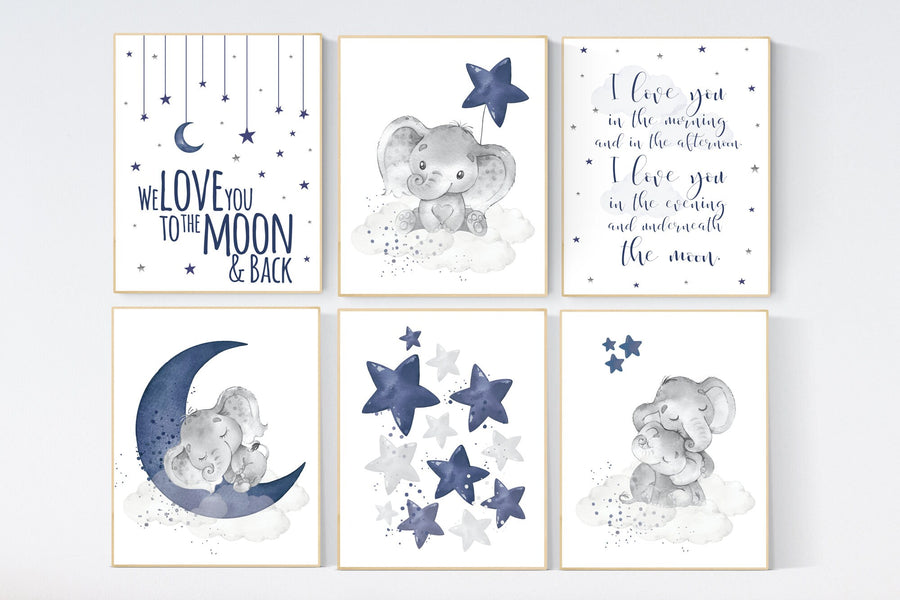 Nursery decor boy elephant, nursery wall art boy, moon and stars, navy blue, elephant nursery art, boys room decor, boy nursery ideas