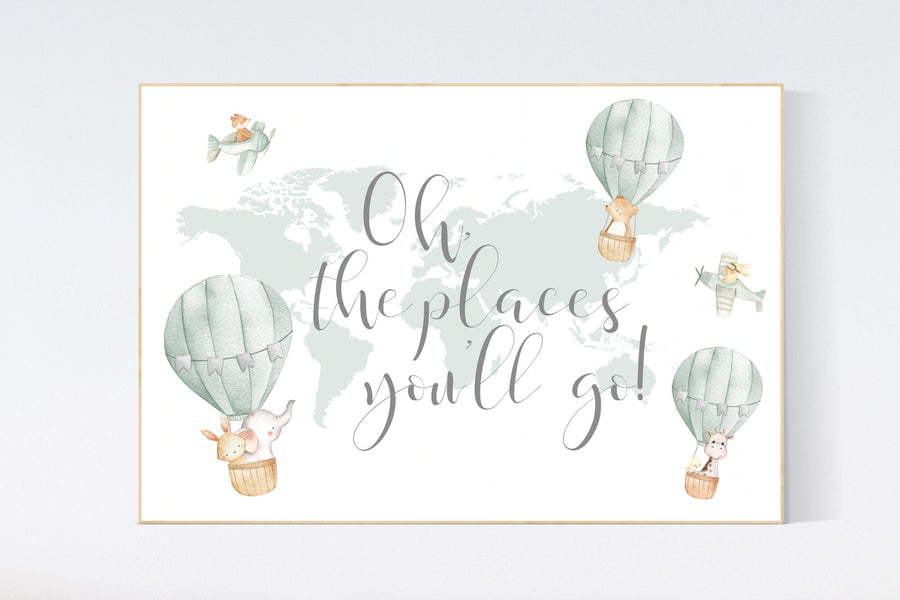Sage green wall art, Nursery decor gender neutral, gender neutral nursery decor, baby room decor, nursery prints neutral, hot air balloon