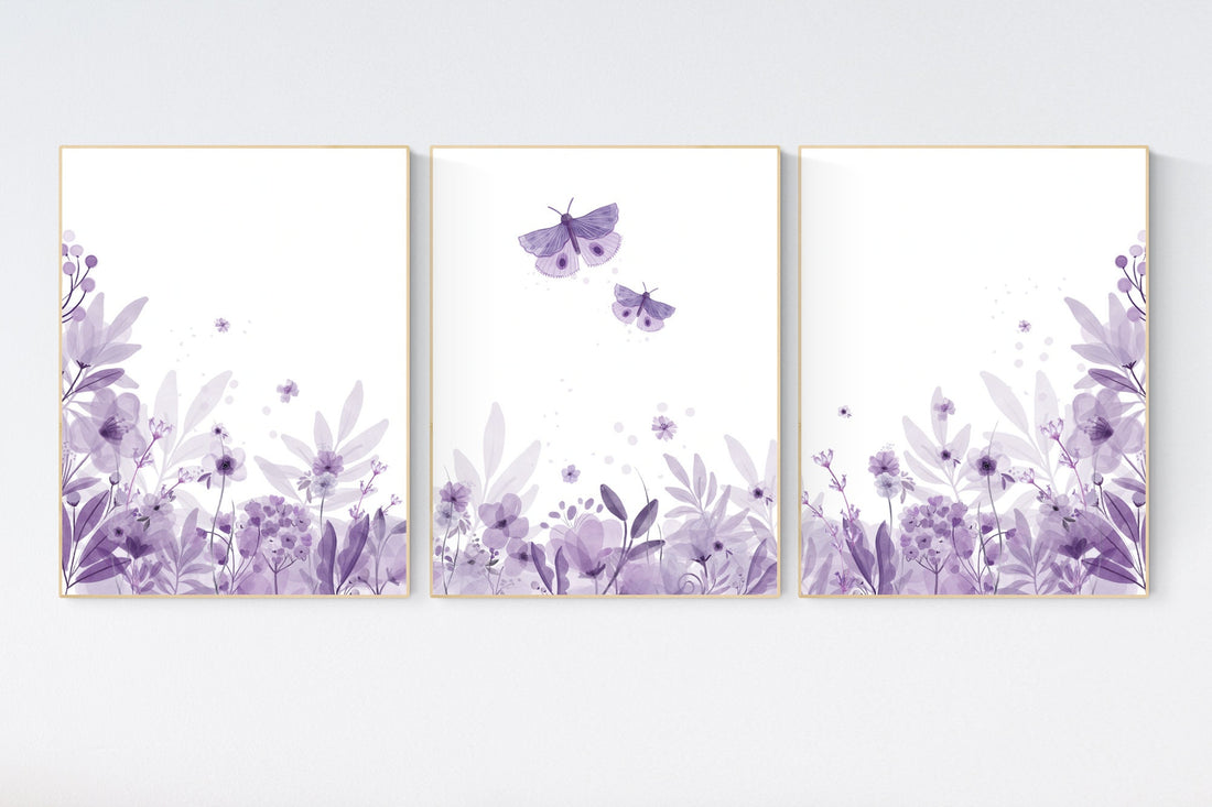 Butterfly nursery decor, purple nursery decor, girl nursery decor, floral nursery wall art, nursery decor girl butterflies, lilac nursery