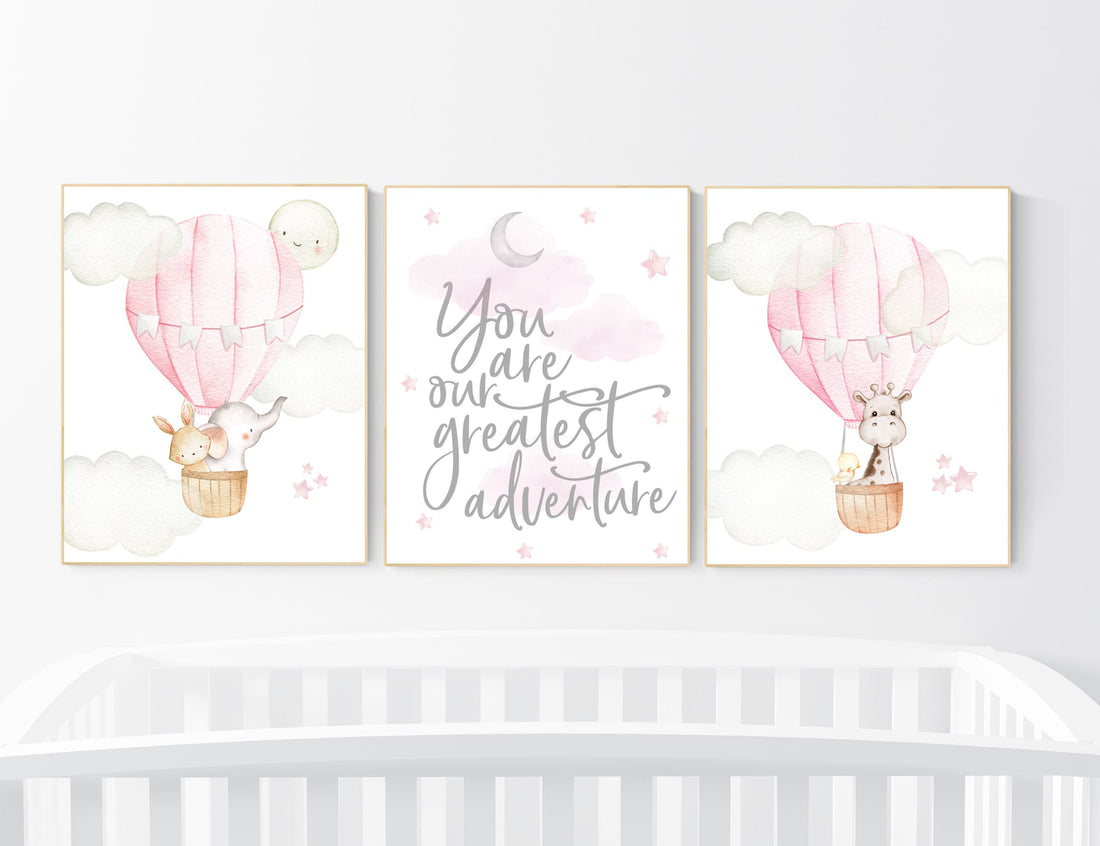Nursery decor girl woodland, hot air balloon nursery, nursery decor woodland animal, hot air balloon nursery animal, pink nursery print