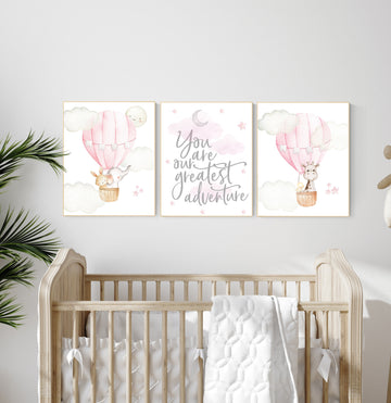 Nursery decor girl woodland, hot air balloon nursery, nursery decor woodland animal, hot air balloon nursery animal, pink nursery print