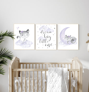 Cat nursery print, kitten nursery print, nursery decor girl, nursery art girl dream big, cat print, purple nursery, lilac nursery