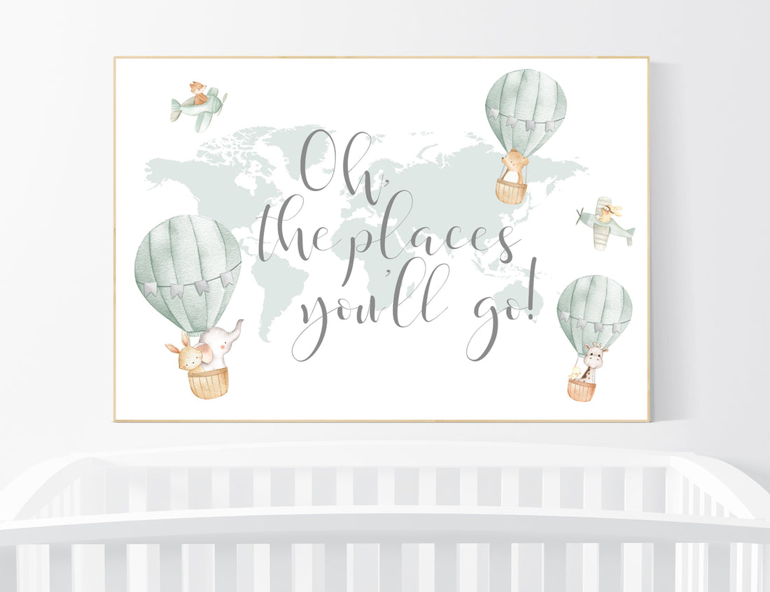 Sage green wall art, Nursery decor gender neutral, gender neutral nursery decor, baby room decor, nursery prints neutral, hot air balloon