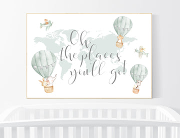 Sage green wall art, Nursery decor gender neutral, gender neutral nursery decor, baby room decor, nursery prints neutral, hot air balloon