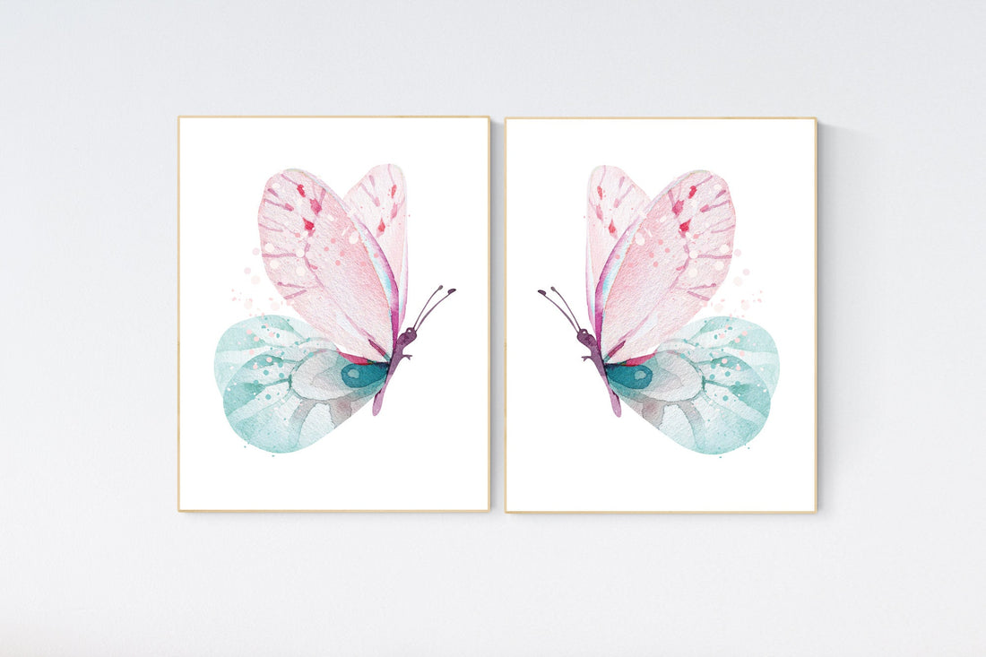 Butterfly nursery, girl nursery, Nursery decor girl pink and teal, butterfly nursery wall art, pink teal nursery, girl nursery decor