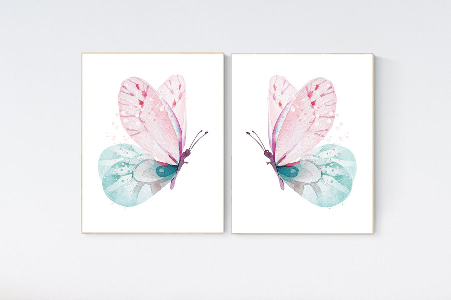 Butterfly nursery, girl nursery, Nursery decor girl pink and teal, butterfly nursery wall art, pink teal nursery, girl nursery decor