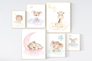 Nursery decor gender neutral, Nursery wall art animals, pastel colors, bunny nursery, bear nursery, elephant nursery, giraffe nursery