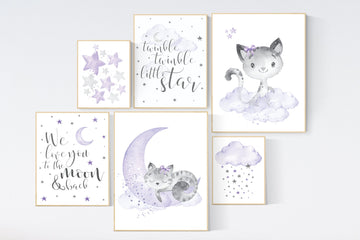 Nursery decor girl purple, cat nursery, Nursery decor girl lavender and gray, kitten nursery, girl nursery decor, cats print for nursery