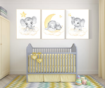 Yellow nursery, gender neutral nursery, elephant nursery, nursery wall art neutral, gender neutral, yellow and gray nursery art, baby room