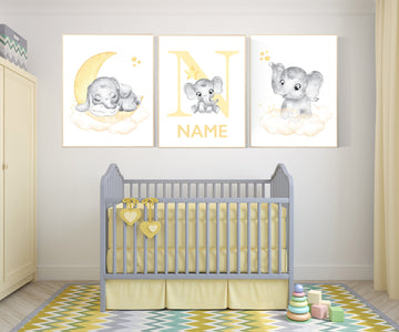 Nursery decor neutral, Yellow nursery, nursery wall art elephant, gender neutral nursery, yellow and gray nursery art, baby room art