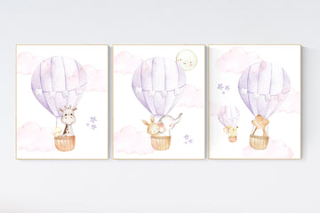 Nursery decor girl woodland, hot air balloon nursery purple, hot air balloon nursery animal, lilac nursery, elephant, giraffe, bear, bunny