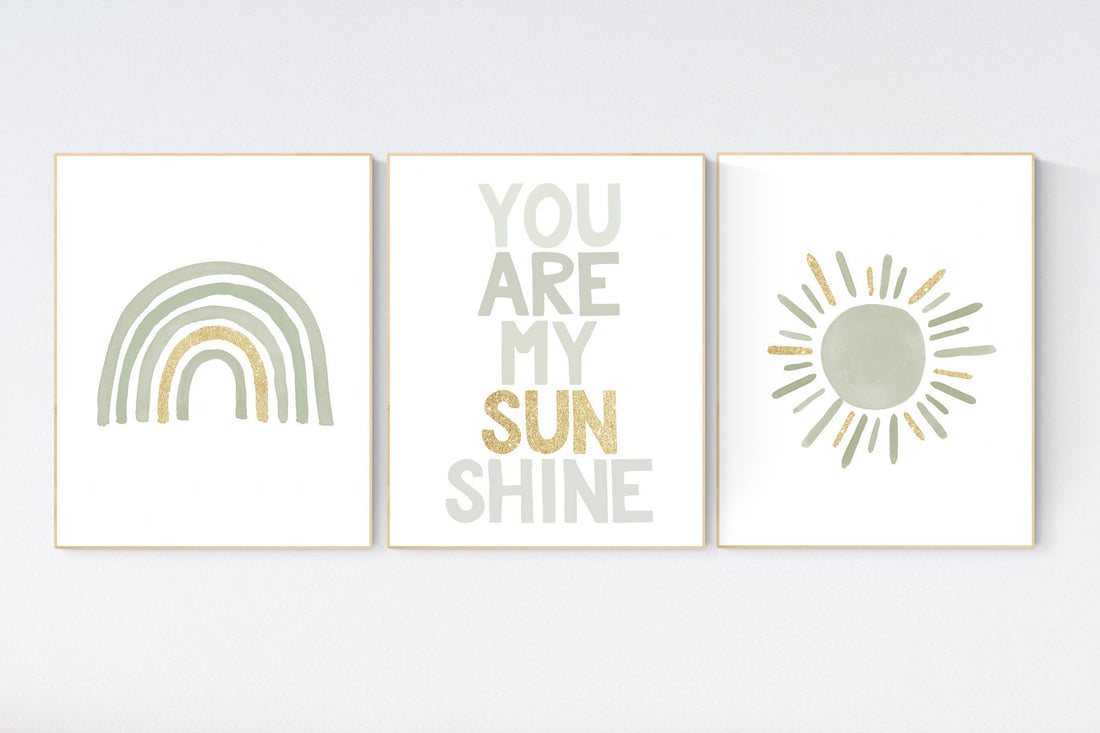 Nursery prints rainbow, gender neutral, sage green nursery wall decor, rainbow, you are my sunshine, nursery decor neutral, green and gold