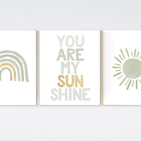 Nursery prints rainbow, gender neutral, sage green nursery wall decor, rainbow, you are my sunshine, nursery decor neutral, green and gold