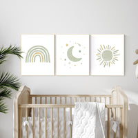 Nursery prints rainbow, gender neutral, sage green nursery wall decor, rainbow, sun, nursery decor neutral, green and gold