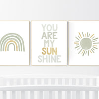 Nursery prints rainbow, gender neutral, sage green nursery wall decor, rainbow, you are my sunshine, nursery decor neutral, green and gold