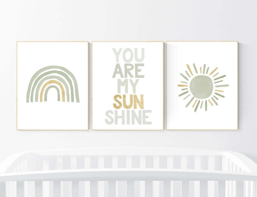 Nursery prints rainbow, gender neutral, sage green nursery wall decor, rainbow, you are my sunshine, nursery decor neutral, green and gold