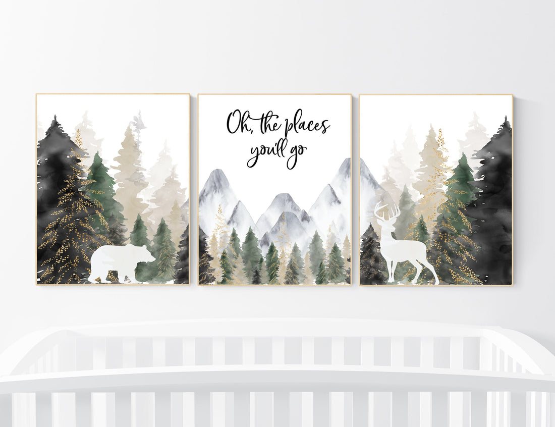 Nursery decor woodland, mountain wall art, tree nursery decor, adventure theme nursery, forest, sage green, beige, woodland animals