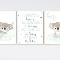 Koala nursery, mint nursery, moon and stars, mint green nursery art, nursery prints animals, gender neutral nursery, koala mother and baby