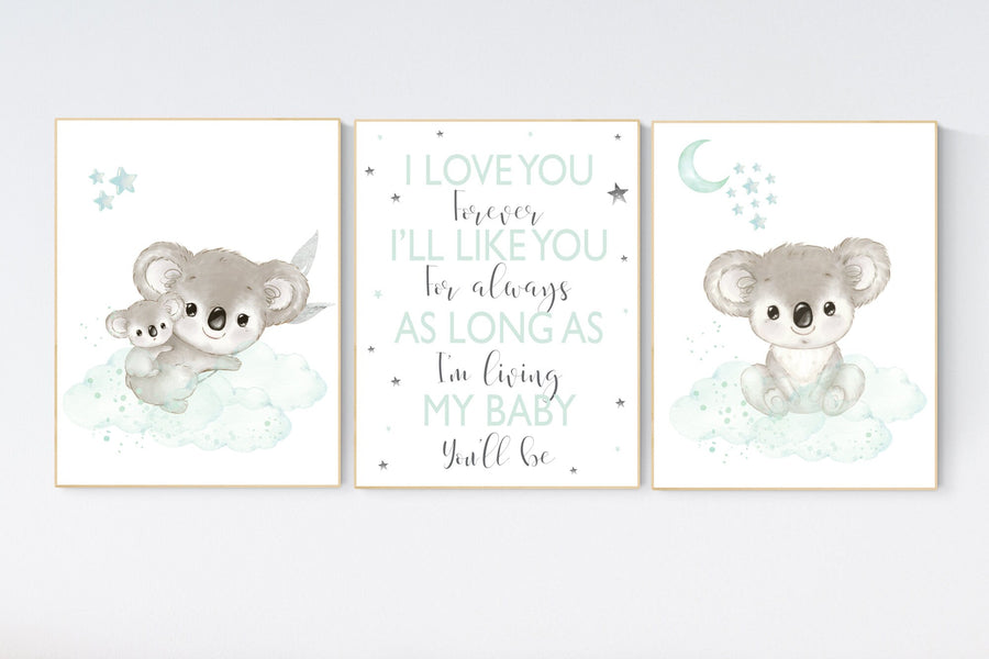 Koala nursery, mint nursery, moon and stars, mint green nursery art, nursery prints animals, gender neutral nursery, koala mother and baby