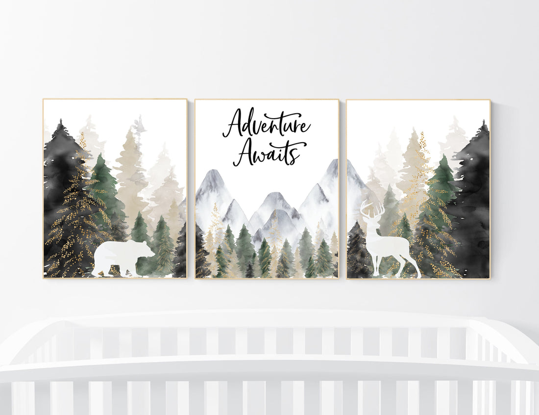 Nursery decor woodland, mountain wall art, tree nursery decor, adventure theme nursery, forest, sage green, beige, woodland animals