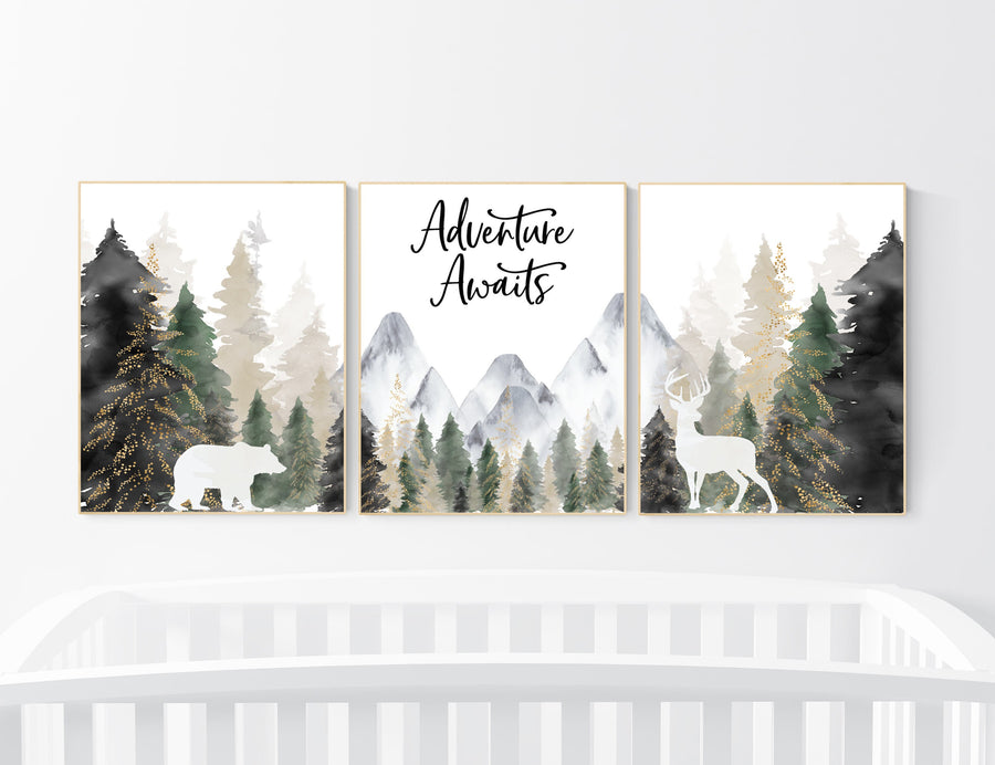 Nursery decor woodland, mountain wall art, tree nursery decor, adventure theme nursery, forest, sage green, beige, woodland animals