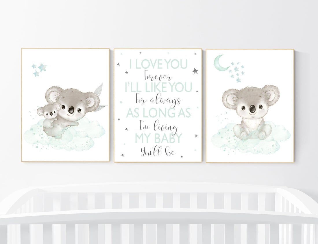 Koala nursery, mint nursery, moon and stars, mint green nursery art, nursery prints animals, gender neutral nursery, koala mother and baby