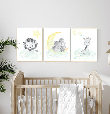 Mint and yellow nursery, nursery wall art neutral, moon and stars nursery, baby room decor, elephant, giraffe, lion, gender neutral prints