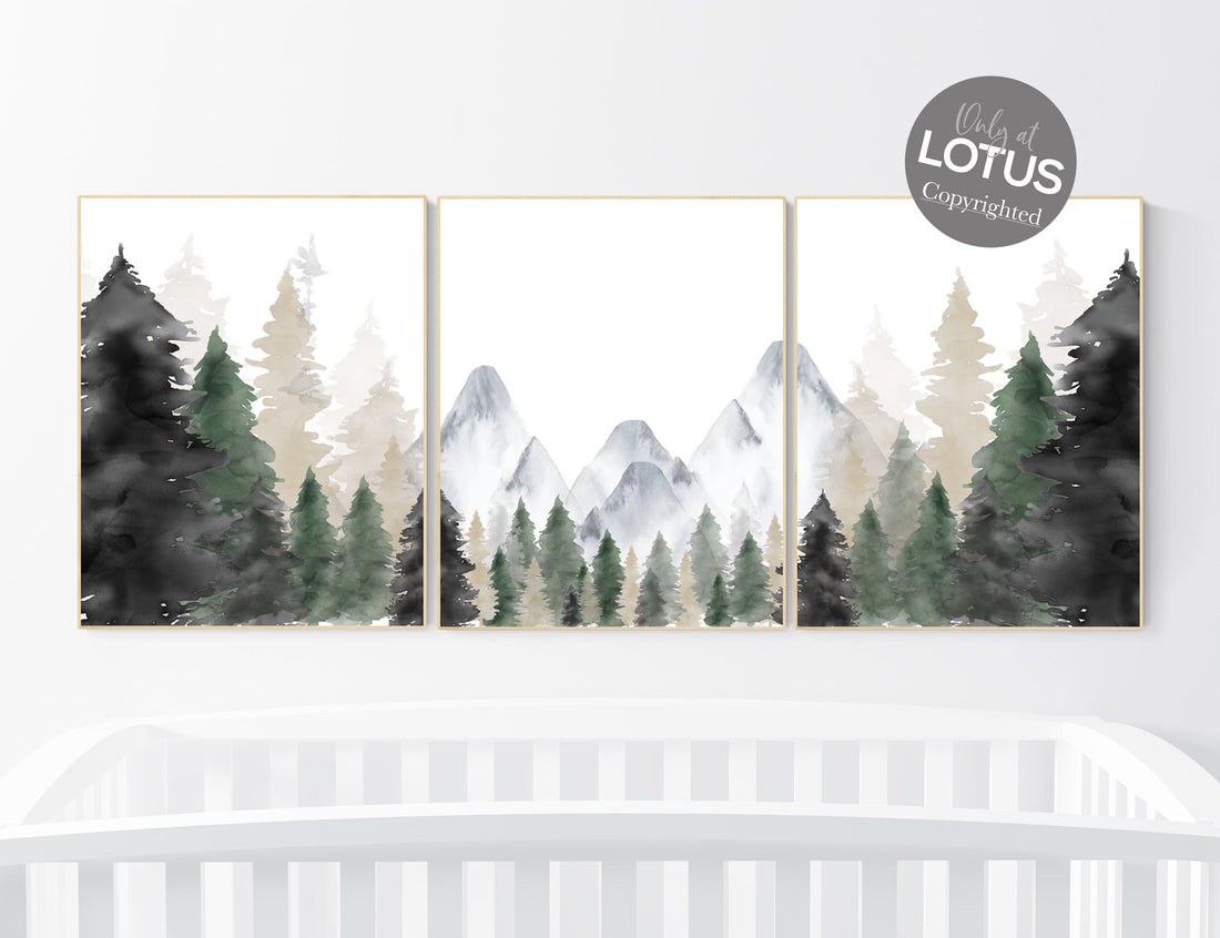 Nursery decor mountain, nursery wall art, tree nursery decor, adventure theme nursery, forest, sage green, beige, woodland animals