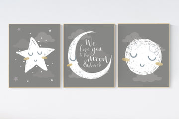 Nursery wall art grey, gray nursery, nursery decor neutral, baby room decor gender neutral, moon and stars, grey nursery decor baby room art