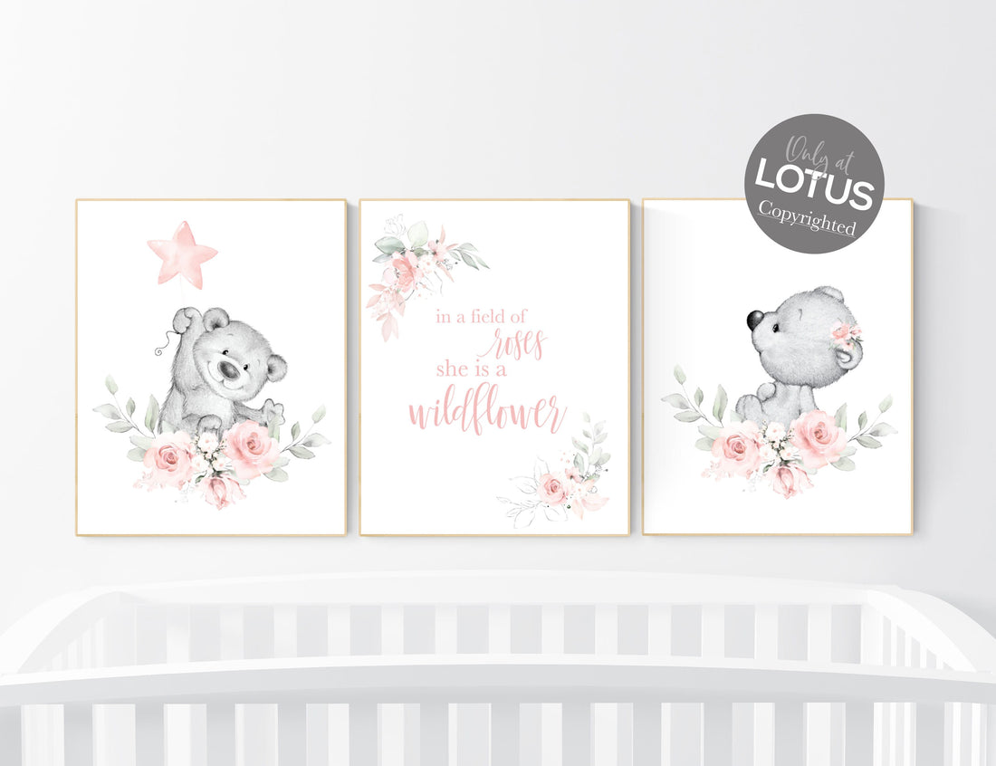 Girl nursery decor, bear nursery, Floral jungle animals, nursery decor girl flowers, blush pink, nursery decor girl boho, floral nursery