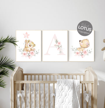 Bear nursery, Floral jungle animals, nursery decor girl flowers, blush pink, nursery decor girl boho, floral nursery prints, Blush nursery