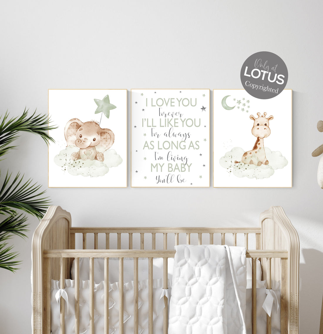 Nursery wall art animals, green nursery, gender neutral nursery, sage green, baby room decor, giraffe nursery, elephant, animal prints