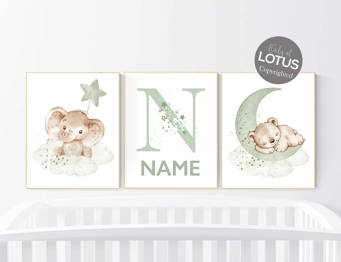 Nursery wall art animals, green nursery, gender neutral nursery, sage green, baby room decor, bear nursery, elephant, animal prints