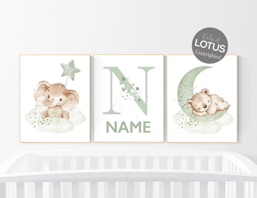 Nursery wall art animals, green nursery, gender neutral nursery, sage green, baby room decor, bear nursery, elephant, animal prints