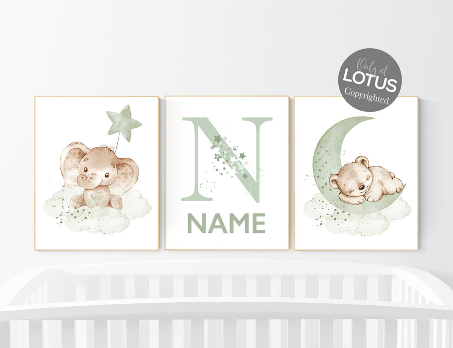 Nursery wall art animals, green nursery, gender neutral nursery, sage green, baby room decor, bear nursery, elephant, animal prints