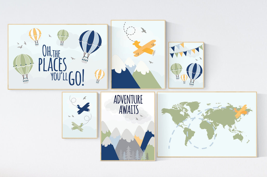 Adventure nursery decor, Nursery decor boy mountains adventure, nursery decor boy airplane, world map nursery, adventure awaits, navy yellow