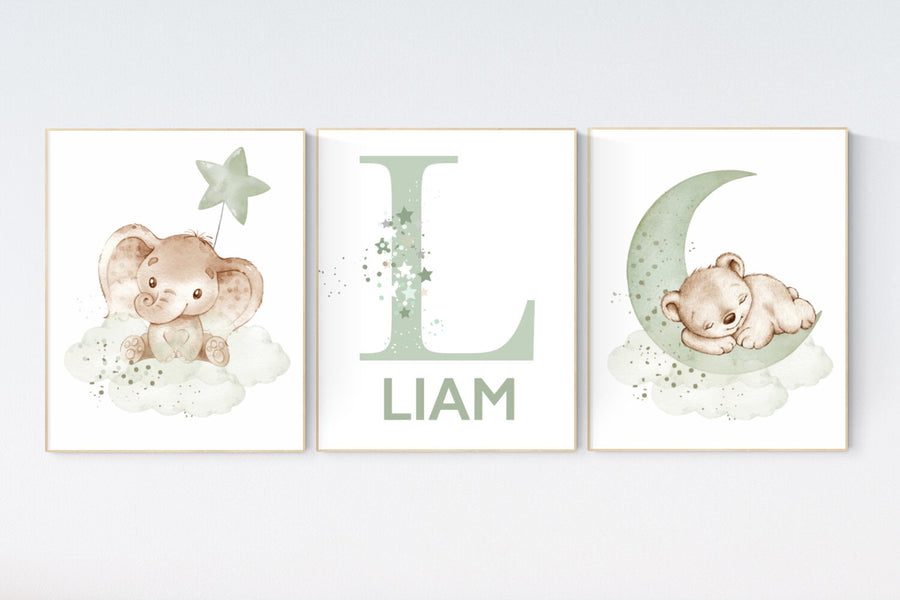 Nursery wall art animals, green nursery, gender neutral nursery, sage green, baby room decor, bear nursery, elephant, animal prints